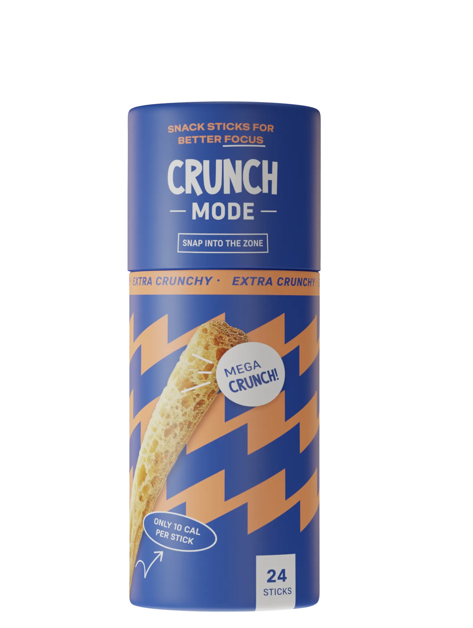 Blue cylindrical container of "Crunch Mode" snack sticks, featuring bold text and graphics, promoting extra crunch and low calories.